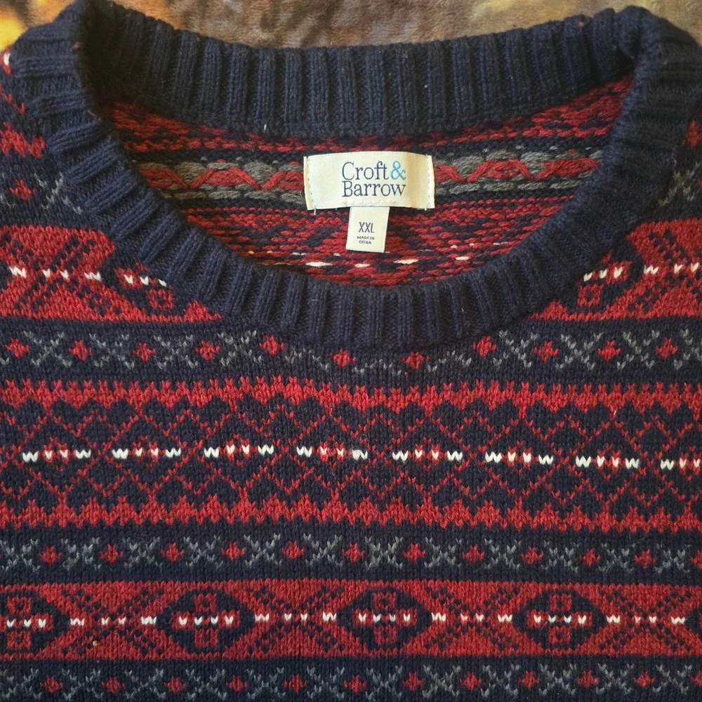 Vintage Style Croft&Barrow Red Geometric Striped Heavyweight Knit Sweater sz 2XL